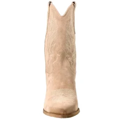 Stivali Texani Bassi Da Donna In Camoscio Beige Con Ricami.
