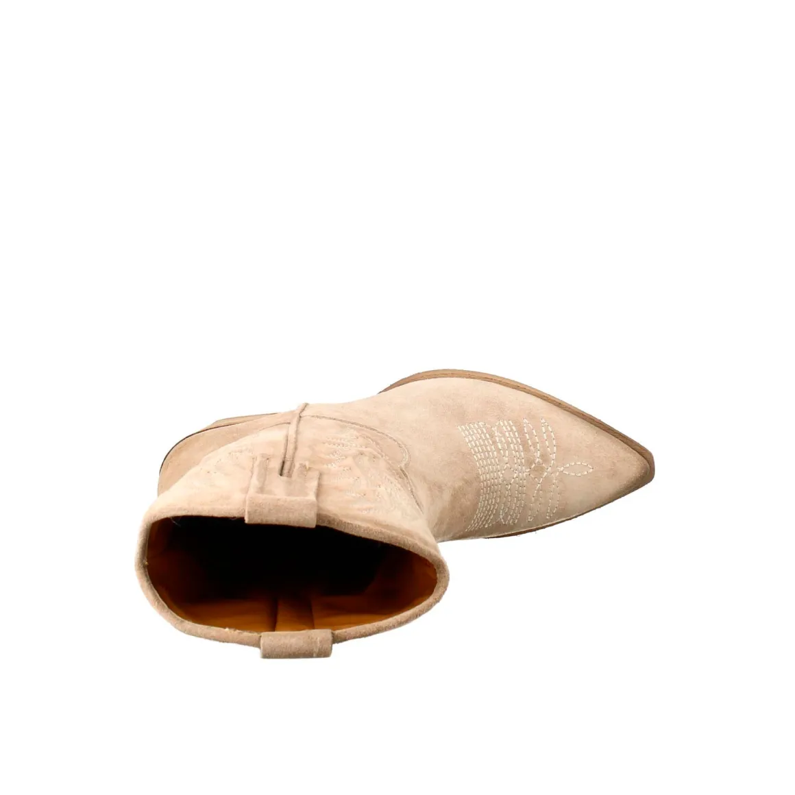 Stivali Texani Bassi Da Donna In Camoscio Beige Con Ricami.