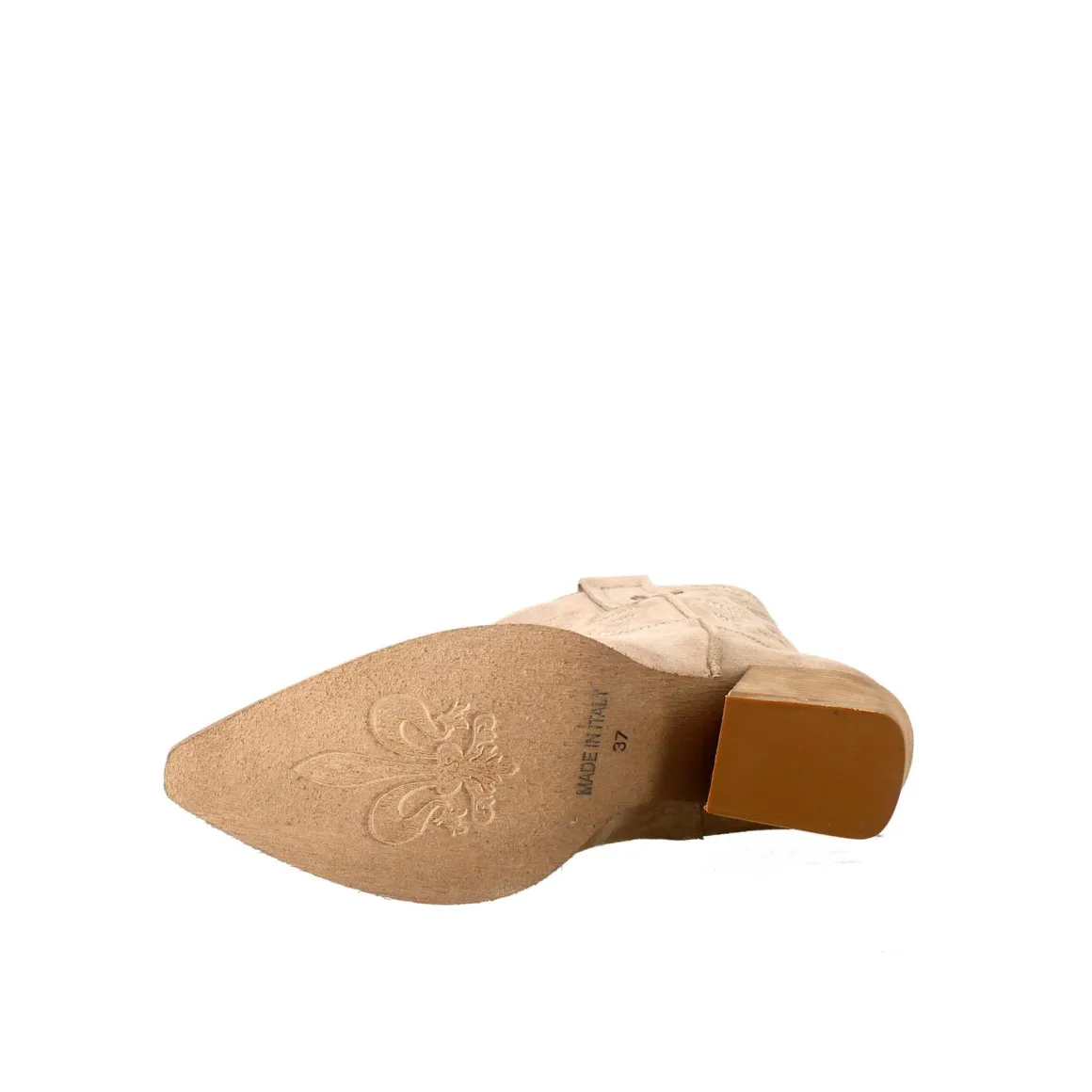 Stivali Texani Bassi Da Donna In Camoscio Beige Con Ricami.