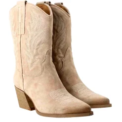 Stivali Texani Bassi Da Donna In Camoscio Beige Con Ricami.