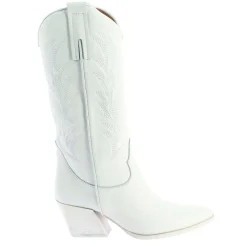 Stivali Texani Medi Da Donna In Pelle Colore Bianco Con Ricami.