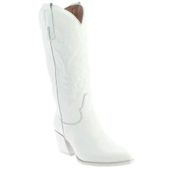 Stivali Texani Medi Da Donna In Pelle Colore Bianco Con Ricami.
