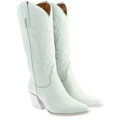 Stivali Texani Medi Da Donna In Pelle Colore Bianco Con Ricami.