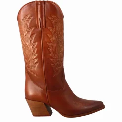 Stivali Texani Medi Da Donna In Pelle Colore Marrone Con Ricami.