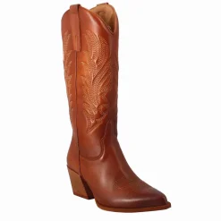 Stivali Texani Medi Da Donna In Pelle Colore Marrone Con Ricami.