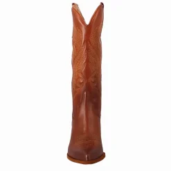 Stivali Texani Medi Da Donna In Pelle Colore Marrone Con Ricami.