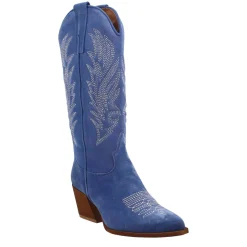 Stivali Texani Medi Da Donna In Camoscio Blu Con Ricami.