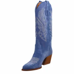 Stivali Texani Medi Da Donna In Camoscio Blu Con Ricami.
