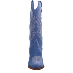 Stivali Texani Medi Da Donna In Camoscio Blu Con Ricami.