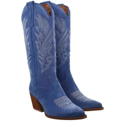 Stivali Texani Medi Da Donna In Camoscio Blu Con Ricami.